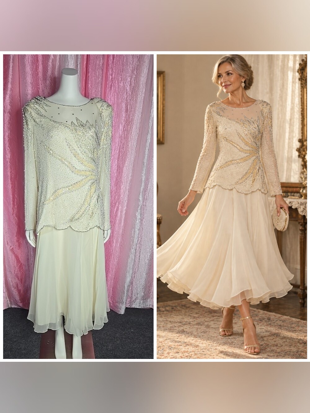 Alfred Angelo Exquisite 100% Silk Cream Beaded Rhinestone Top & Skirt Size 12